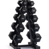 Dumbbell Set with Rack - Hex Shaped Edges With Stand - 5 - 25 LBs – Total 150 LBs.