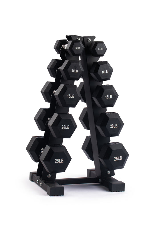 Dumbbell Set with Rack - Hex Shaped Edges With Stand - 5 - 25 LBs – Total 150 LBs.