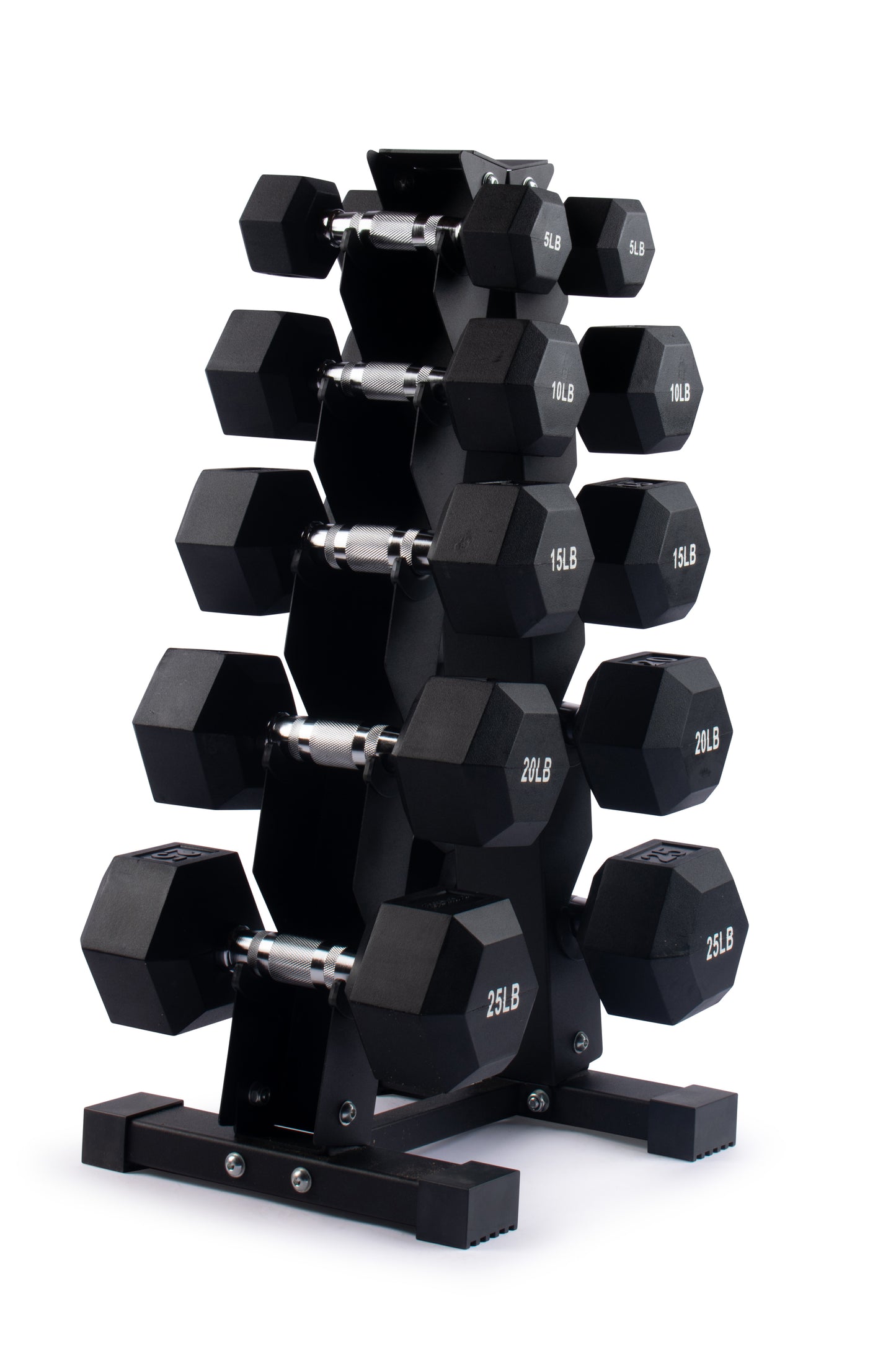 Dumbbell Set with Rack - Hex Shaped Edges With Stand - 5 - 25 LBs – Total 150 LBs.